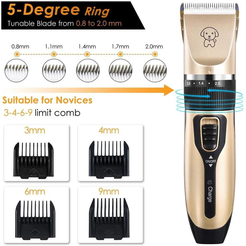 Dog Grooming Kit Clippers, Low Noise, Electric Quiet, Rechargeable, Cordless, Pet Hair Thick Coats Clippers Trimmers Set, Suitable for Dogs, Cats, and Other Pets (Gold)