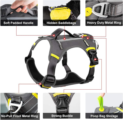 Dog Harness, Multi-Functional No-Pull Pet Vest Harness with Saddle Bags Backpack, Front Leash Clip, Adjustable Soft Padded Reflective No-Choke Dog Vest Heavy Duty for Medium & Small Dog, M, Black