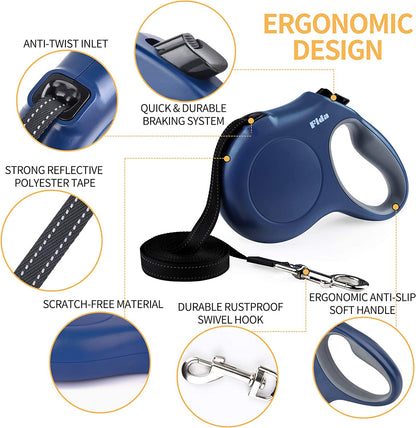 Retractable Dog Leash with Dispenser and Poop Bags, 16 Ft Pet Walking Leash for Large Dog up to 110 Lbs, Anti-Slip Handle, Tangle-Free, Reflective Nylon Tape (L, Navy Blue)