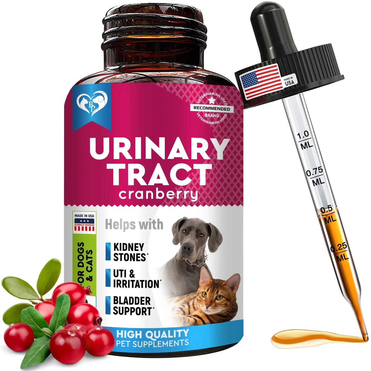 Cat & Dog Urinary Tract Infection Treatment & Natural UTI Cranberry -Kidney+Bladder Support Supplement - Best Prevention Urine Incontinence, Bladder Stones - Pet Renal Health & UTI Care Drops