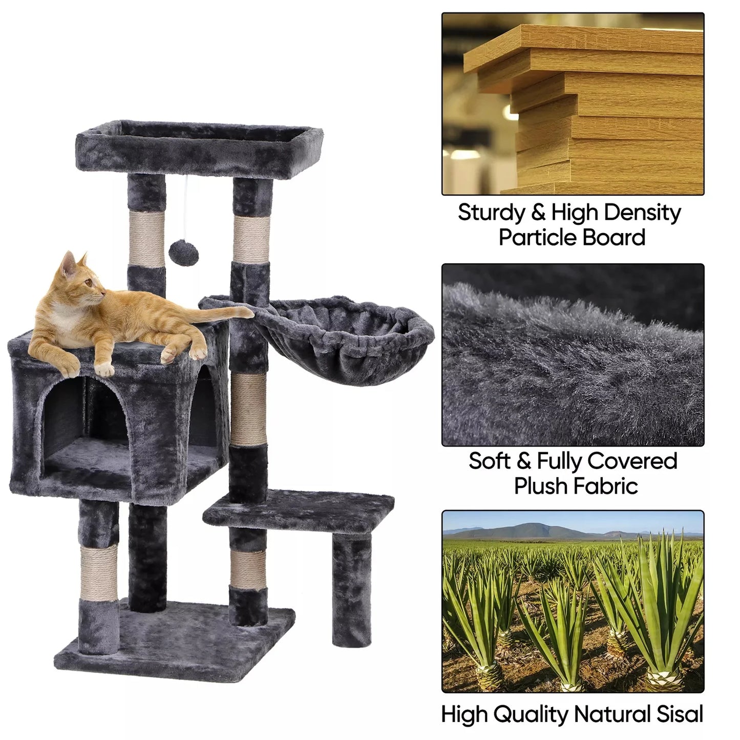 36" Cat Tree Cat Tower Scratching Posts Cat Condo W/Hammock for Indoor Cats Gray