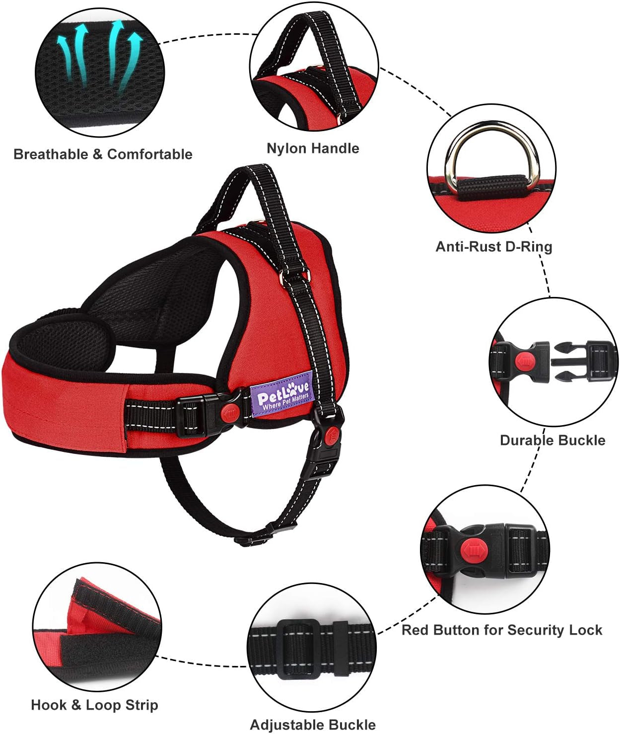 Dog Harness, Adjustable Soft Leash Padded No Pull Dog Harness for Small Medium Large Dogs, Red