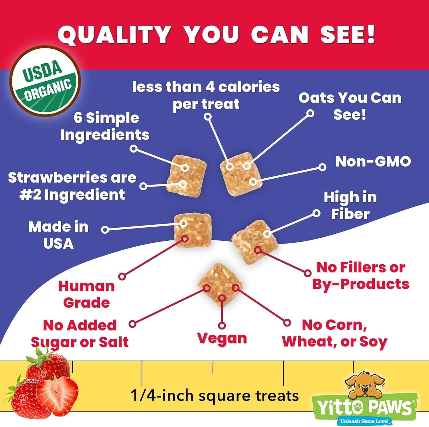 Crunchy Mini Organic Dog Treats - Oats, Strawberries & Peanut Butter – Low Calorie, Vegan, Human-Grade, All Natural Training Treats Made in USA - No Sugar Added Healthy Puppy Biscuits