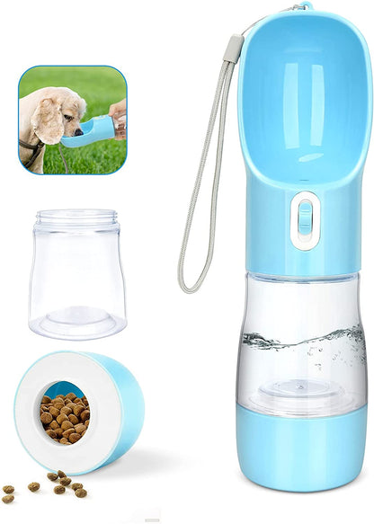 Portable Dog Water Bottle for Walking, Leak Proof Puppy Water Bottle with Food Container, Lightweight Pet Water Bottle for Hiking, Easy to Carry, BPA Free (Blue)