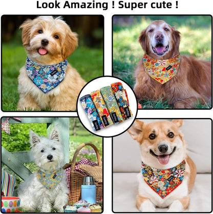 Dog Bandana - 4PCS Puppy Bandanas Green Orange Red Blue Floral Printing Dog Bib Kerchief Scarf Accessories for Small Medium Large Dogs Cats Pets Birthday Gift（F2