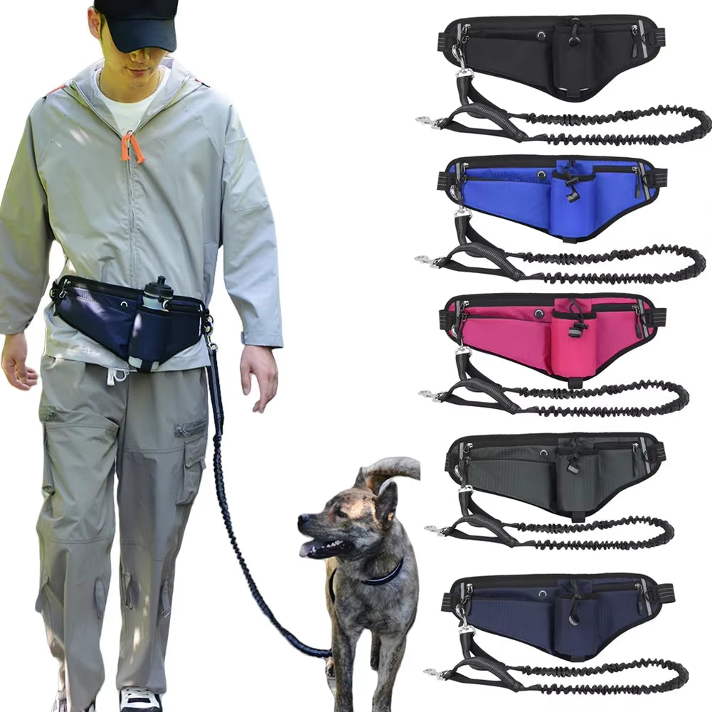 Hands Free Waist Leash with Pouch Bungee Leash Adjustable Dog Running Belt for Walking Hiking Jogging Biking and Running