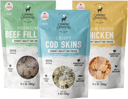 Canine Cravers Single Ingredient Dog Treats – Healthy and Nutritious Human Grade Air Dried Hypoallergenic Pet Food - Grain Free, Gluten Free and No Soy – 100% All Natural Variety 3 Pack