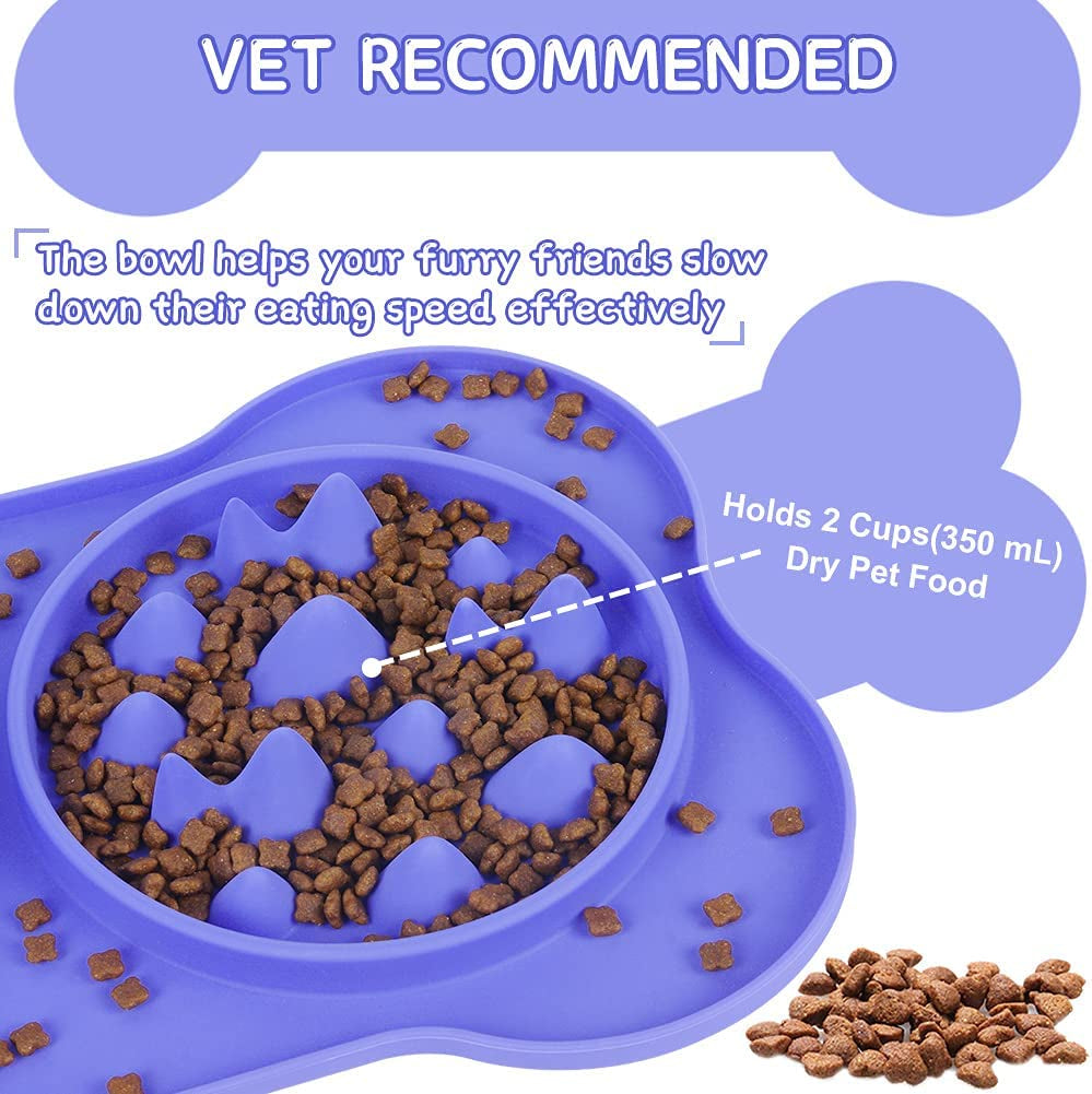 Slow Feeder Double Bowl for Dogs and Cats, Anti-Choke Water and Food Puppy Feeder, Stainless Steel Bowl with Non-Spill Silicone Mat for Pets