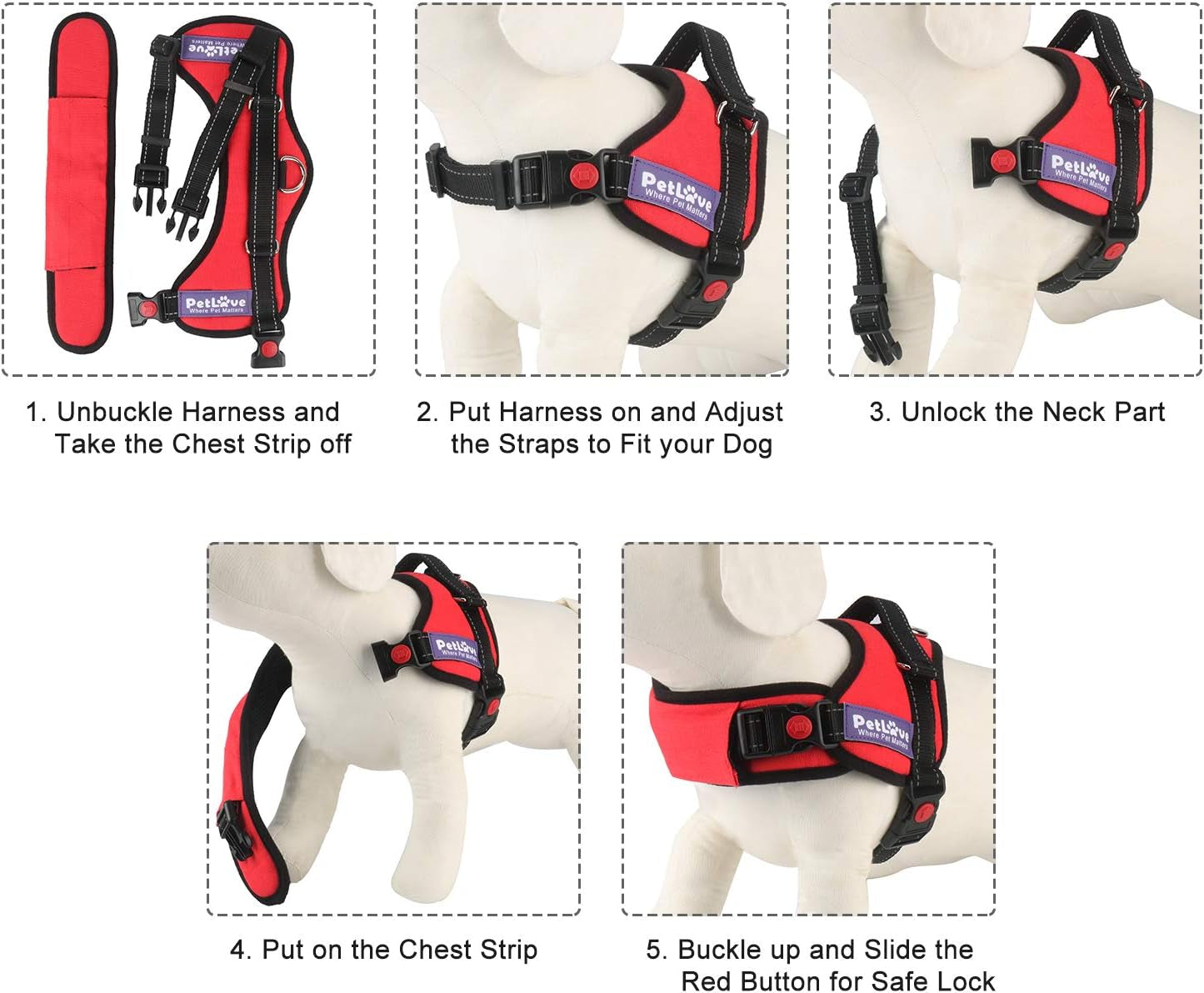 Dog Harness, Adjustable Soft Leash Padded No Pull Dog Harness for Small Medium Large Dogs, Red