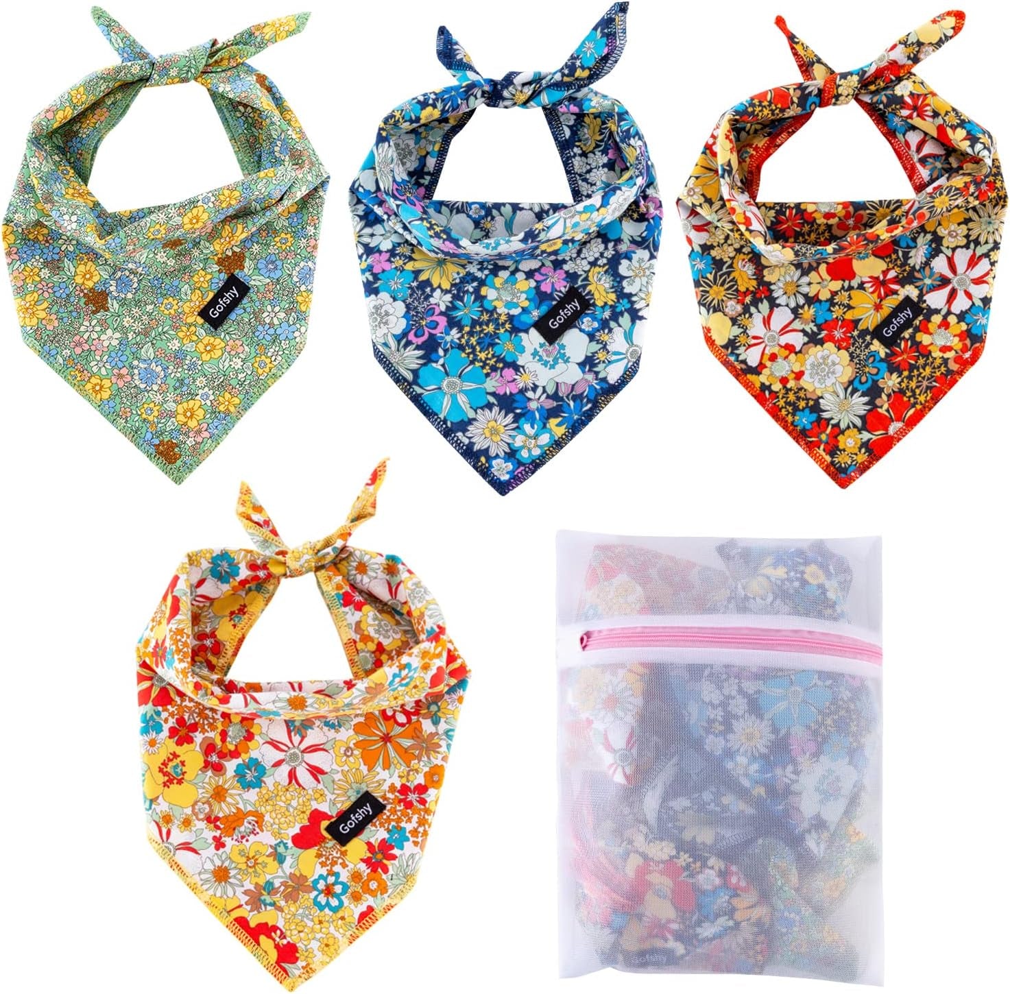 Dog Bandana - 4PCS Puppy Bandanas Green Orange Red Blue Floral Printing Dog Bib Kerchief Scarf Accessories for Small Medium Large Dogs Cats Pets Birthday Gift（F2