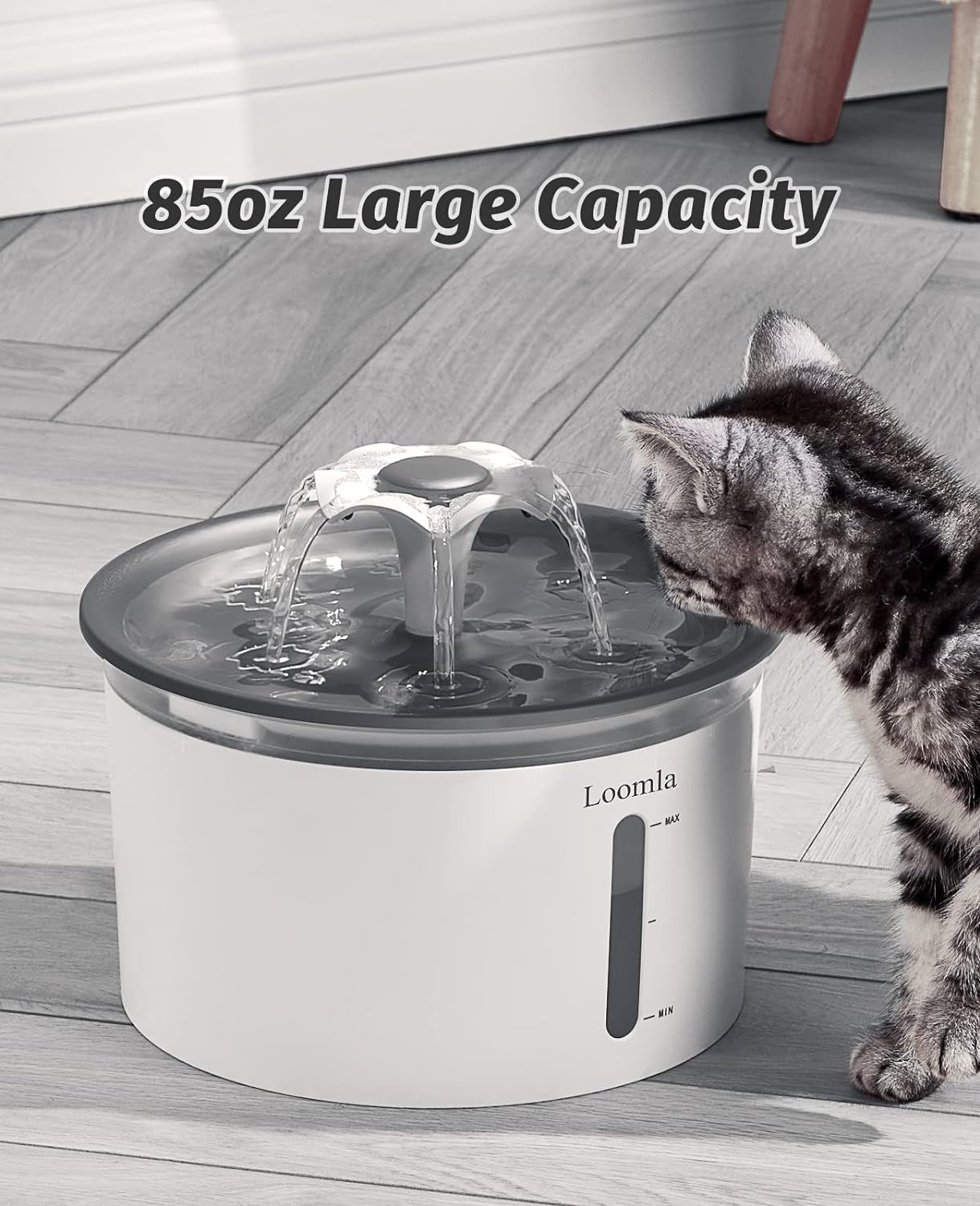 Cat Water Fountain, 85Oz/2.5L Pet Water Fountain Indoor, Automatic Dog Water Dispenser with Switchable LED Lights, 2 Replacement Filters for Cats, Dogs, Pets (Dark Gray)