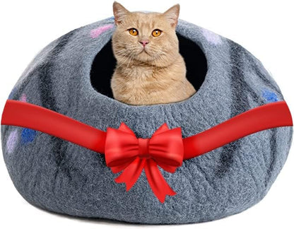 Wool Cat Cave Bed - Ecofriendly Felt Cat Cave for Cats and Kittens - Felted from 100% Natural Wool - Premium and Personal Space for Your Indoor Cats (Large, Midnight Grapes)