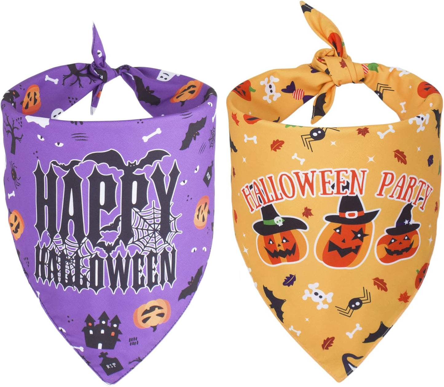 2 Pack Halloween Dog Bandana, Reversible Triangle Dog Scarf Accessories Halloween Bandanas for Small Medium Large Dogs Pets (Purple & Yellow)