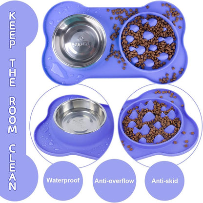 Slow Feeder Double Bowl for Dogs and Cats, Anti-Choke Water and Food Puppy Feeder, Stainless Steel Bowl with Non-Spill Silicone Mat for Pets