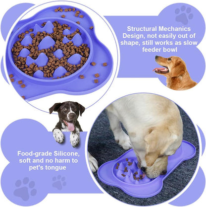 Slow Feeder Double Bowl for Dogs and Cats, Anti-Choke Water and Food Puppy Feeder, Stainless Steel Bowl with Non-Spill Silicone Mat for Pets