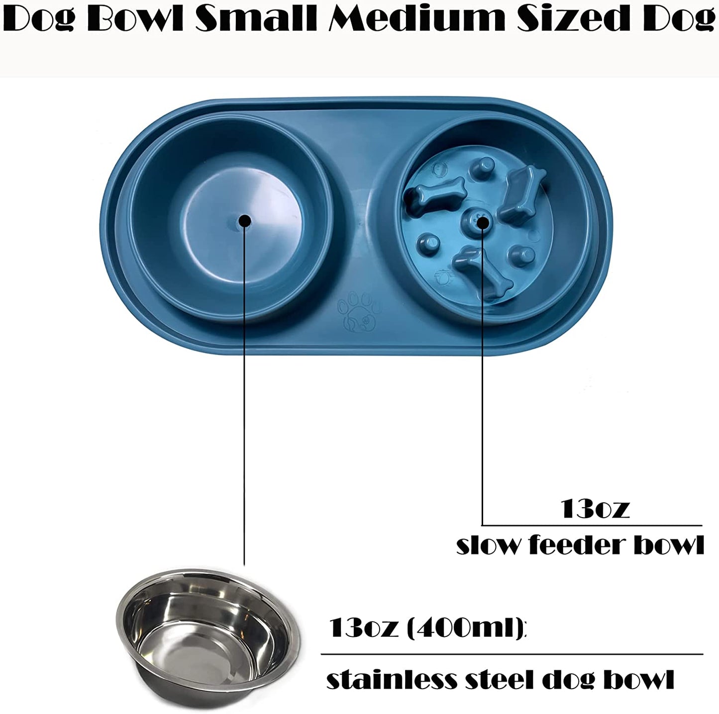 Dog Bowls Small Medium Sized Dog Food Bowl, Slow Feeder Dog Bowl Set, Stainless Steel Dog Bowls, Non-Skid Cat Dog Food and Water Bowls by  (Navy)