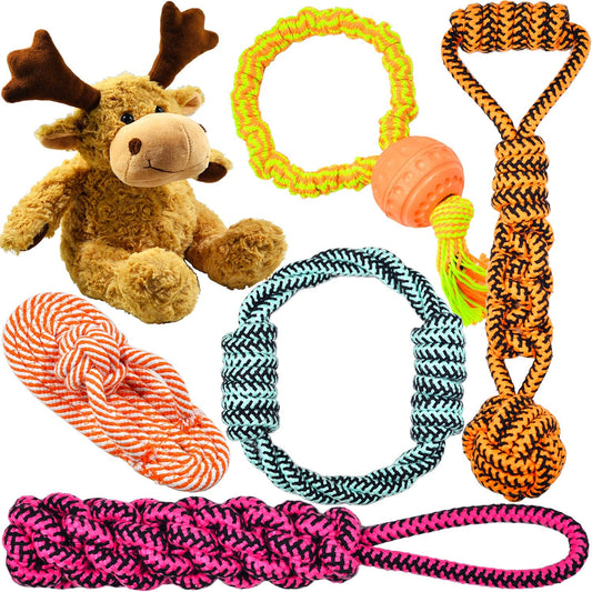 [Reliable Version] Dog Toys - Chew Toys - Squeak Toys - Christmas Elk Dog Toys - Long-Lasting Elastic Rope with Ball - 100 Natural Cotton Rope - Dog Toy Pack - Gifts for Dog 6Pack Set