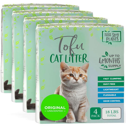 Natural Paw Tofu Cat Litter Pellets | Flushable, Lightweight, No Tracking, Dust-Free, Clumping, Odor Absorbent | Natural Cat Litter for Adult Cats Kittens | 4 Pack Refill Bag Unscented (18B) Catlitter Automatic Cats