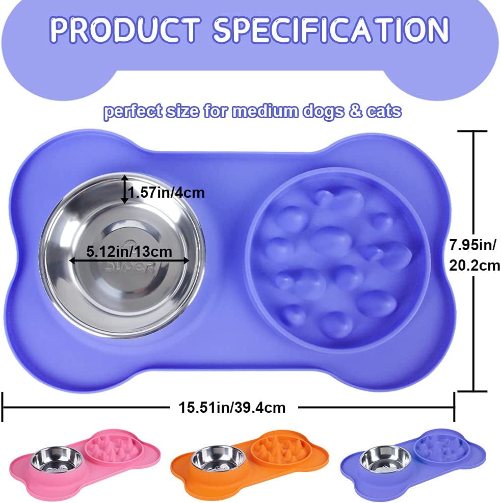 Slow Feeder Double Bowl for Dogs and Cats, Anti-Choke Water and Food Puppy Feeder, Stainless Steel Bowl with Non-Spill Silicone Mat for Pets