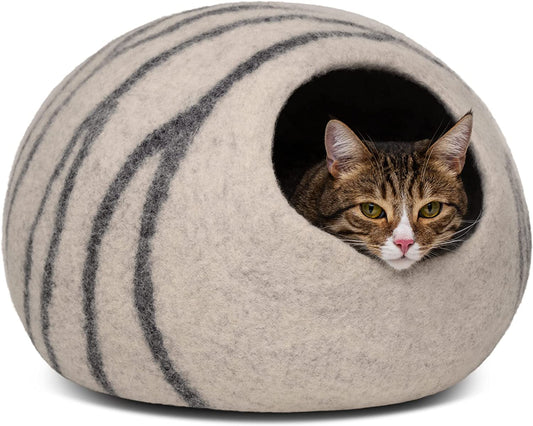 Cat Cave – Premium Felt Cat Bed for Indoor Cats, Handmade 100% Merino Wool (Light Shades) (Large, Light Grey)