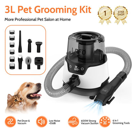 Pet (Cat and Dog) Grooming Set, Pet Hair Vacuum Cleaner and Blower, with 5 Grooming Tools, Low Noise, Strong Suction, with Clipper, Extended Hose