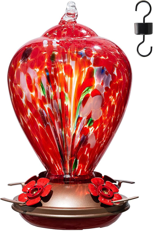 Gifts for Mom 34OZ Hand Blown Glass Hummingbird Feeders for Outdoors Hanging, with Ant Moat Humming Bird Feeders, Porch Backyard Decor Gifts for Women (Floral Balloon)