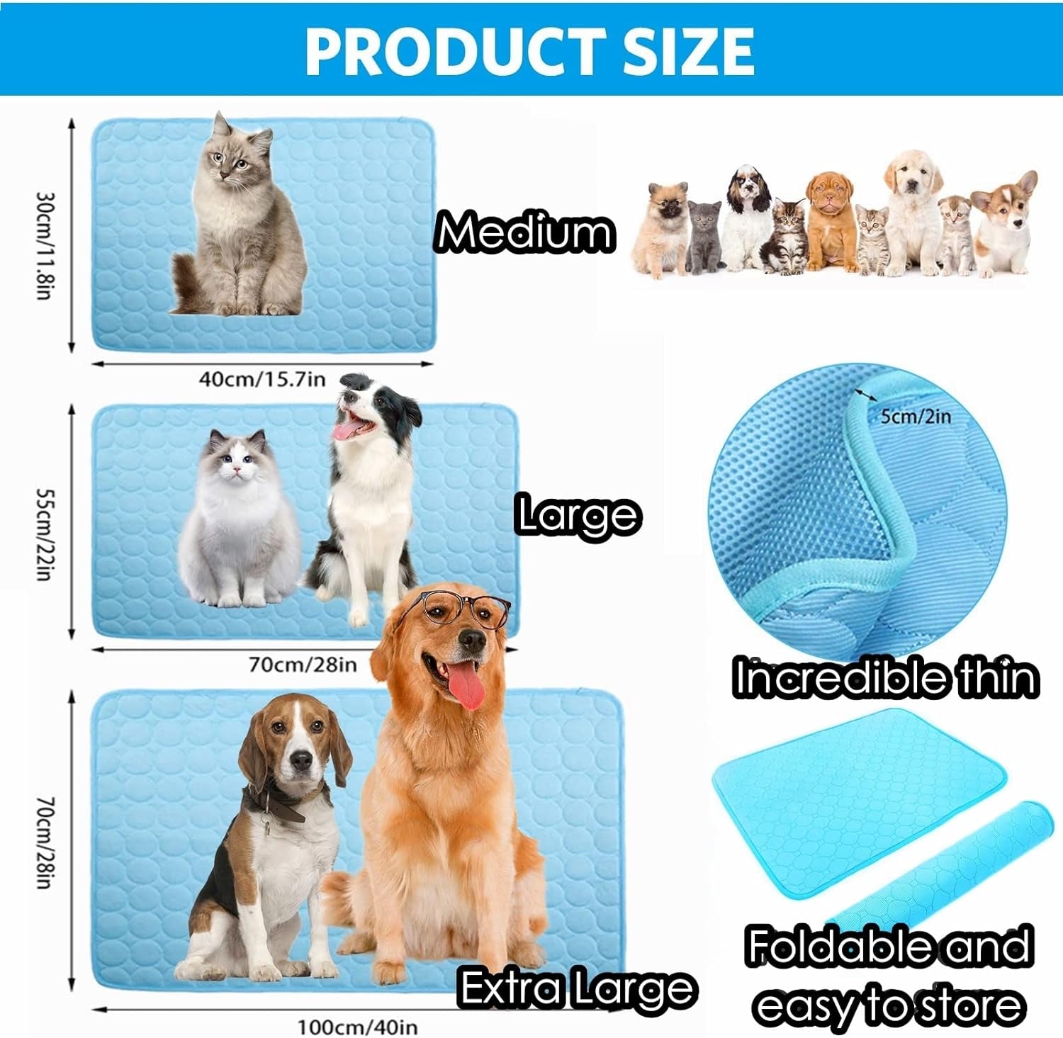 Dog Cooling Mat, Pet Cooling Mat for Dogs Cooling Blanket for Dogs Dog Cooling Pad for Kennels, Crates, Cars, Indoor & Outdoor Ice Silk Cooling Mat for Extra Large Dogs (Blue, XL(40 * 28"))