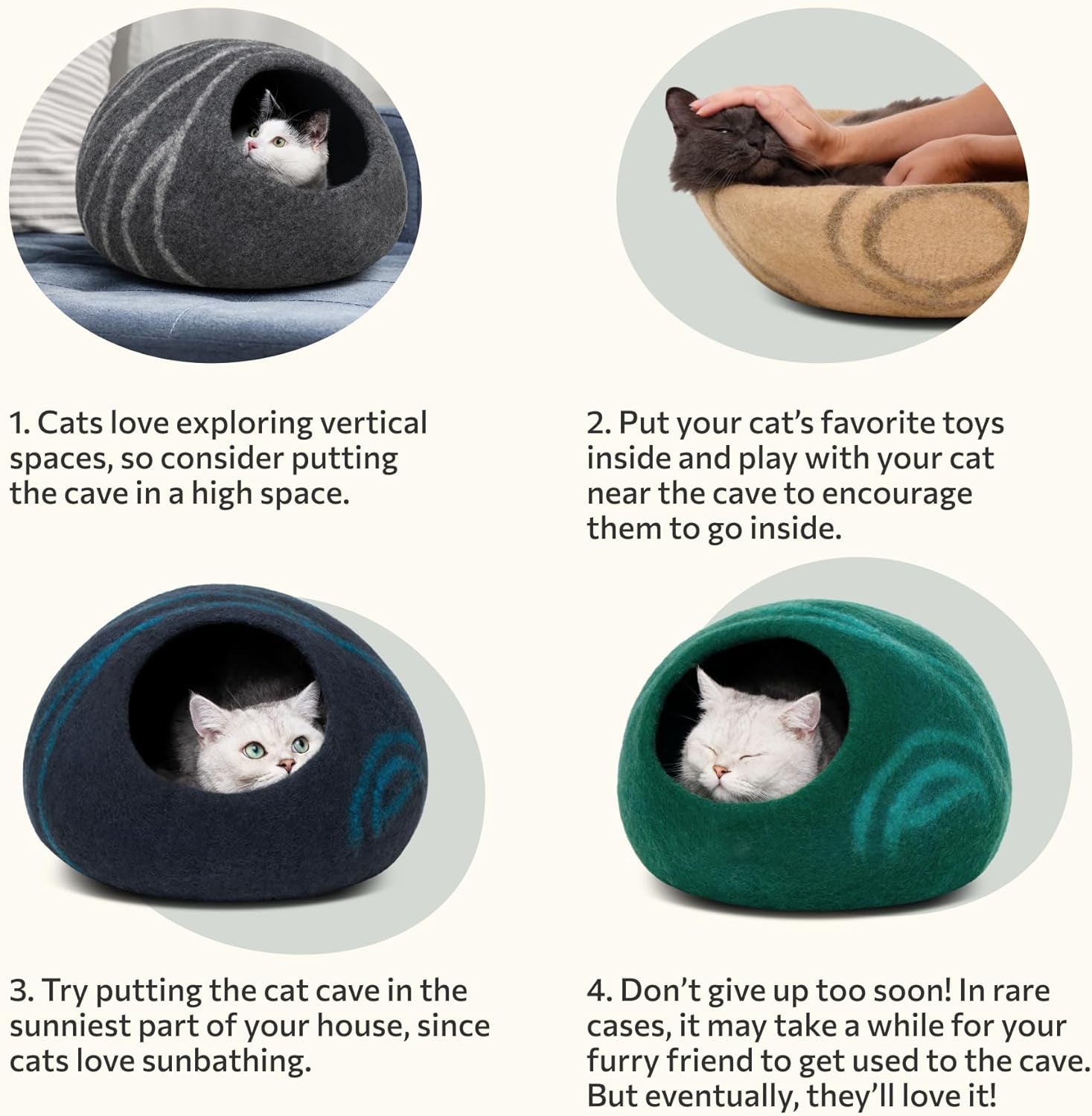 Cat Cave – Premium Felt Cat Bed for Indoor Cats, Handmade 100% Merino Wool (Light Shades) (Large, Light Grey)