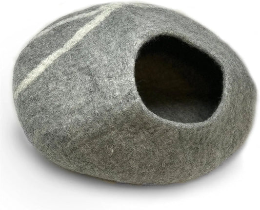 100% Natural Wool Eco-Friendly 40 Cm Cat Cave - Handmade Premium Shaped Felt - Makes Great Covered Cat House and Bed for Cats & Kittens - for Indoor Cozy Hideaway - Medium Pod Soft Hoode(Gray)